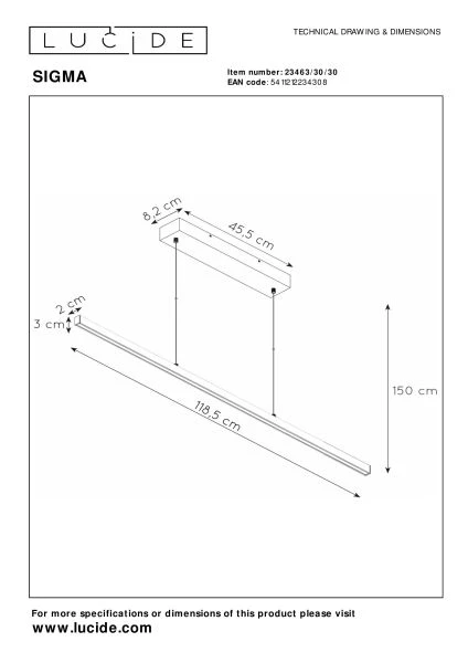 Lucide SIGMA - Suspension - LED Dim. - 1x30W 2700K - Noir - technique